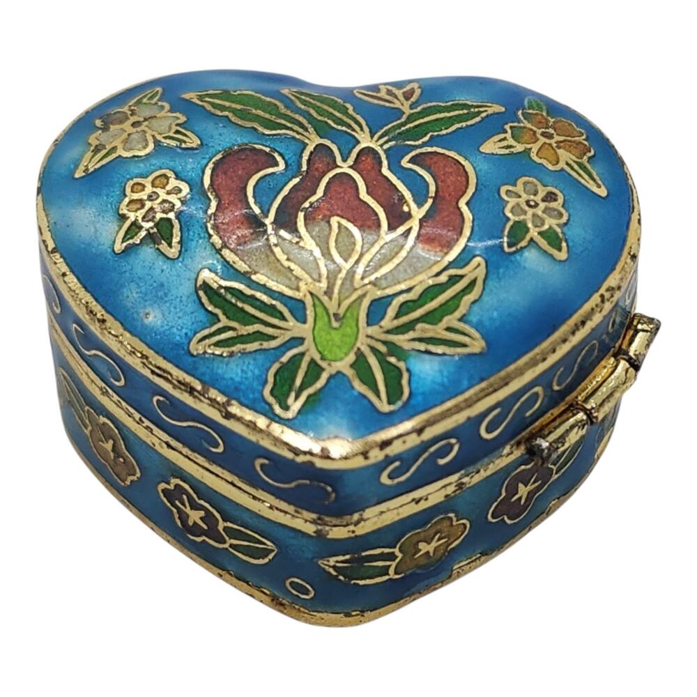 Vintage Cloisonne Heart Trinket Box Blue Enamel Exotic Floral Hinged Brass 1.5"